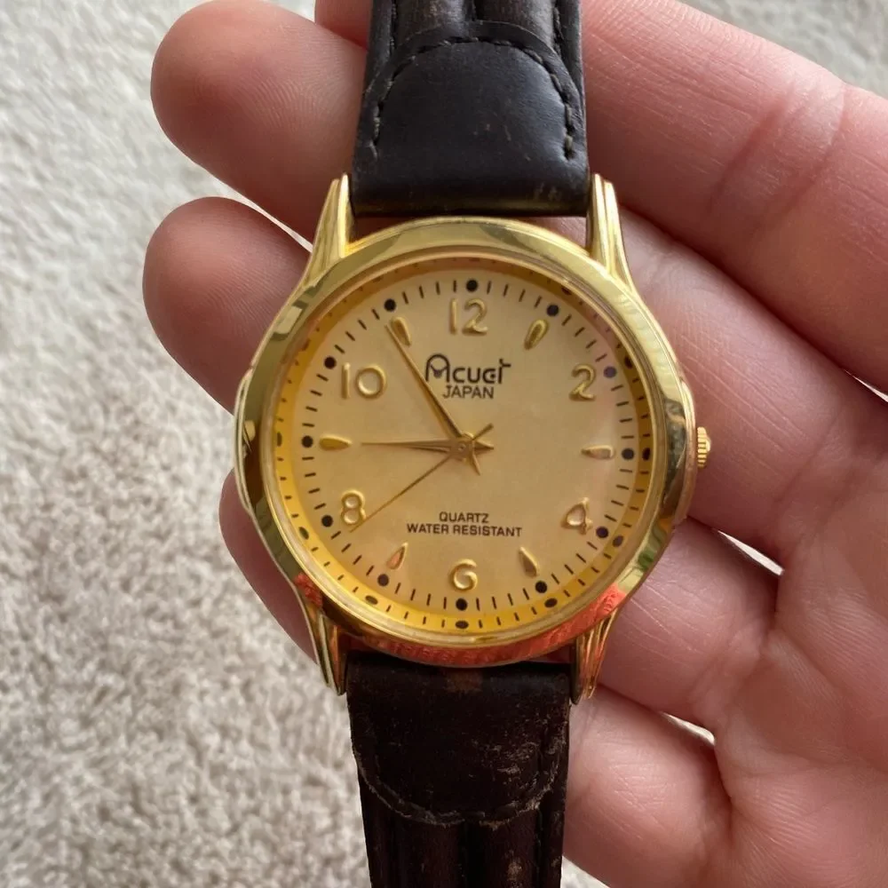 Acugi Japanese Gold Watch with Black Leather Strap